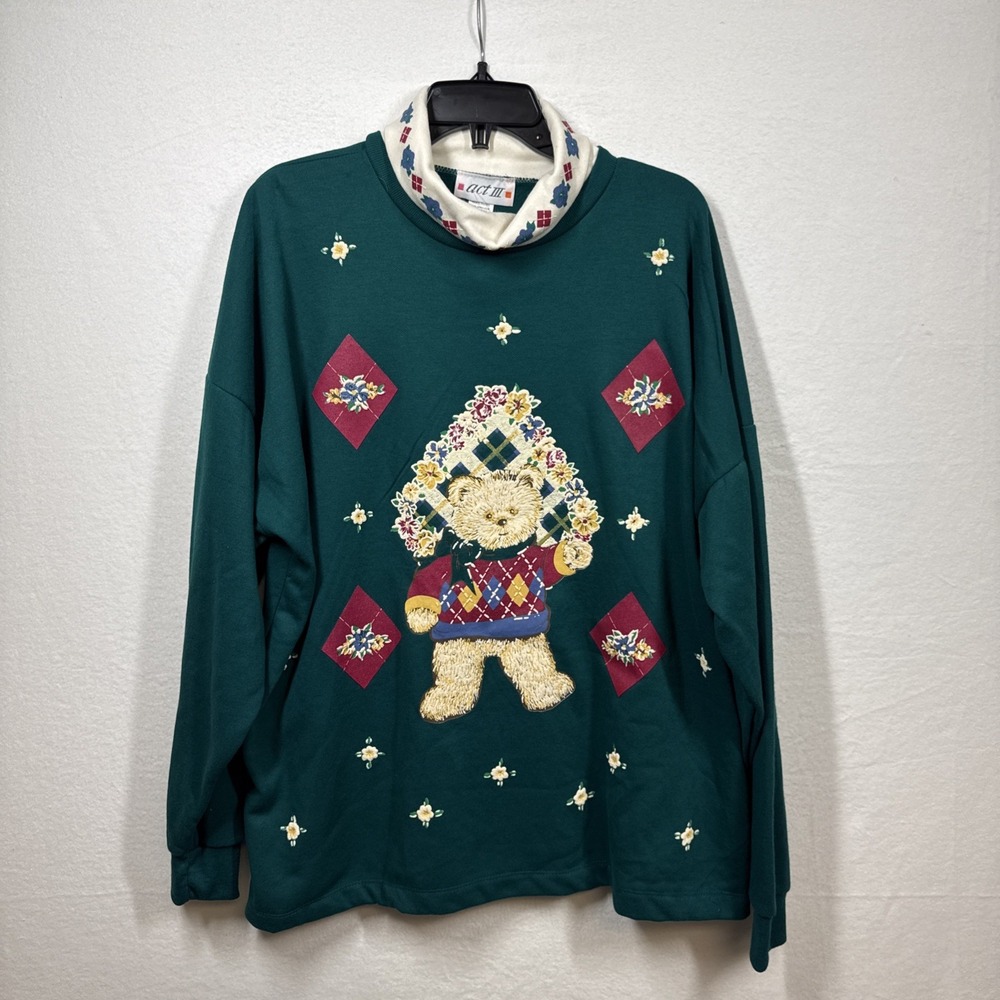 Vintage 90s Act III Teddy Bear Flower Turtleneck Sweatshirt Womens 22W NWT